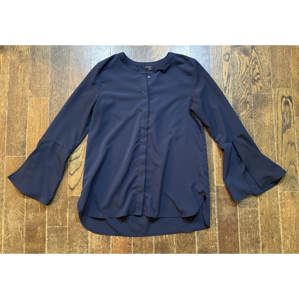 Banana‎ Republic Top Blouse Women's Size S Navy Blue Long Bell Sleeve Button Up